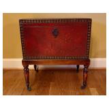Red Tooled Leather Covered Chest on Stand