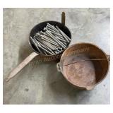 Rough Cast Iron Pot & Pan Of Large Nails, Cast Rough Cast Iron Pot & Pan Of Large Nails, Cast
