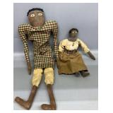 2 Folk Art Black Canvas Dolls - Largest 22in