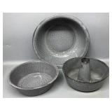 3 Granite Pans, Cake, Etc