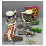 Lead Mold, Stir Sticks, Cups, and Buckles