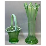 Green Opalescent 10in Vase & Basket
