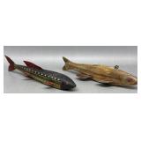 Pair of Wooden Fish Decoys With Metal Fins
