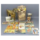 Many Post Cards, Lamb Cookie Jar Cracked, & Horse