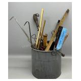 Enamel Bucket Full of Primitive Kitchen Tools