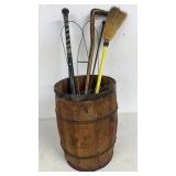 Nail Keg w/ Rug Beater, Bat, Cane & Broom