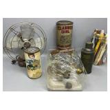 Old Fan, Light Bulbs, Coffee Jar Full, Tins