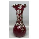 Sterling On Red Crystal Vase 7in Tall