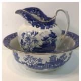 English Blue Willow Pitcher & Bowl