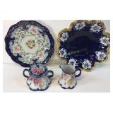 Cobalt Plate, Cream & Sugar, Cobalt Ruffled Bowl