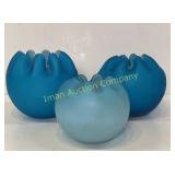Blue Satin Glass Hand Blown Rose Bowls-3