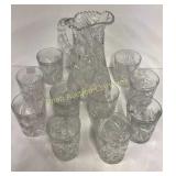 Cut Glass Pitcher 9", 10 Tumblers