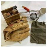 Old Almond Extract Box, Rawlings Glove, Utensils