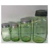 Green Depression Glass Jars W/ Lids-4
