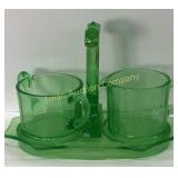 Green Depression Glass Cream & Sugar  On Stand