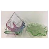 Art Glass Basket, Green Footed Bowl