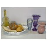 Fiddle Bottle, Porcelain Fruit, Signed Glass Vase