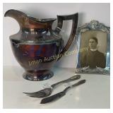 Silver Plate Pitcher, Frame and Utensils