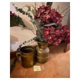 Brass can and spittoon with flowers