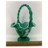 Green Fenton glass basket painted