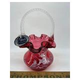 Cranberry Fenton glass basket "Mary Gregory"