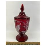 Fenton red hand painted candy dish w lid