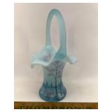 Blue Fenton glass basket hand painted
