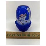 Blue Fenton fairy lamp w snowman