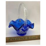 Fenton blue glass basket hand painted