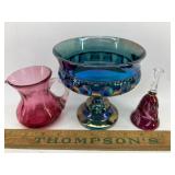 Carnival glass compote, pitcher and bell