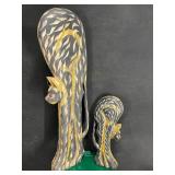 2 wood carved scaredy-cat statues