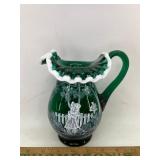 Green Fenton glass hand painted pitcher