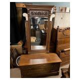 Antique oak lowboy dresser with large mirror