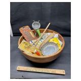 Wooden bowl with kitchen items