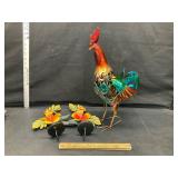 Metal rooster and candle holders