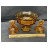 Amber glass dish and candle stands