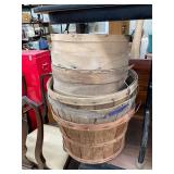 3 bushel baskets and 3 cheese boxes