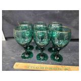 6 green and gold rimmed glasses