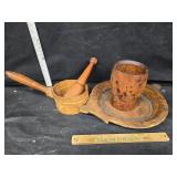 Old wood mortar pestle and others