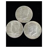 3 Kennedy silver half dollar coins
