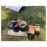 Sign ,buckets,cast iron pot and other