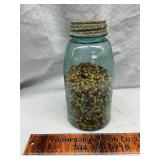 Vintage 1/2 gallon blue jar with corn
