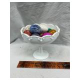Milk glass dish with marble eggs