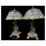 2 figural antique slag glass shade lamps working