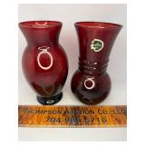 2 Ruby red glass vases