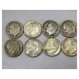 8 silver Roosevelt dimes