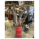 Barrel of yard tools & other