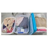 2 totes and a basket of towels and others