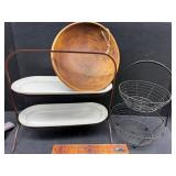 2 tier stands and wood dough bowl