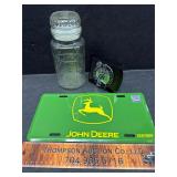John Deere tag, Celtics hitch cover, planters jar